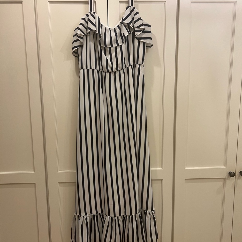 Betsey Johnson Navy and White Vertical Stripe Maxi Dress with Ruffle